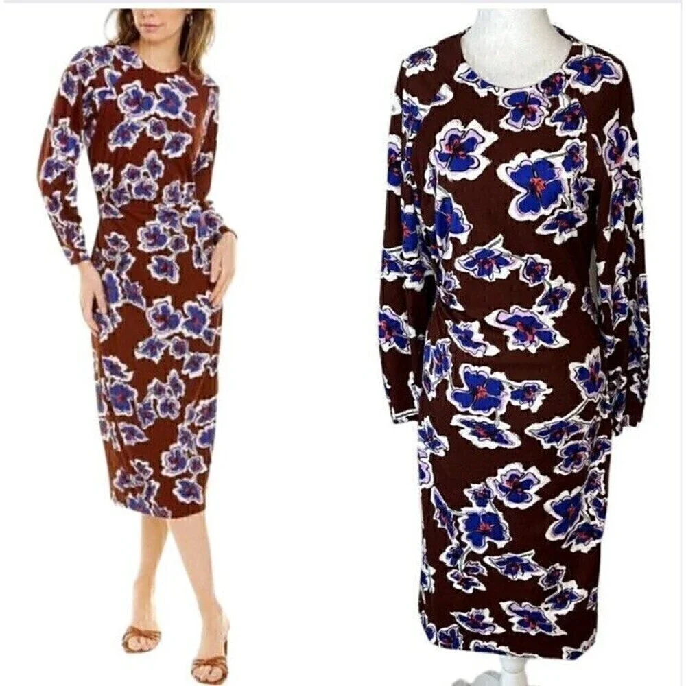 Tanya Taylor Brown Amara Floral Brown & Blue Midi Dress, 3/4 sleeves, Sz  Med